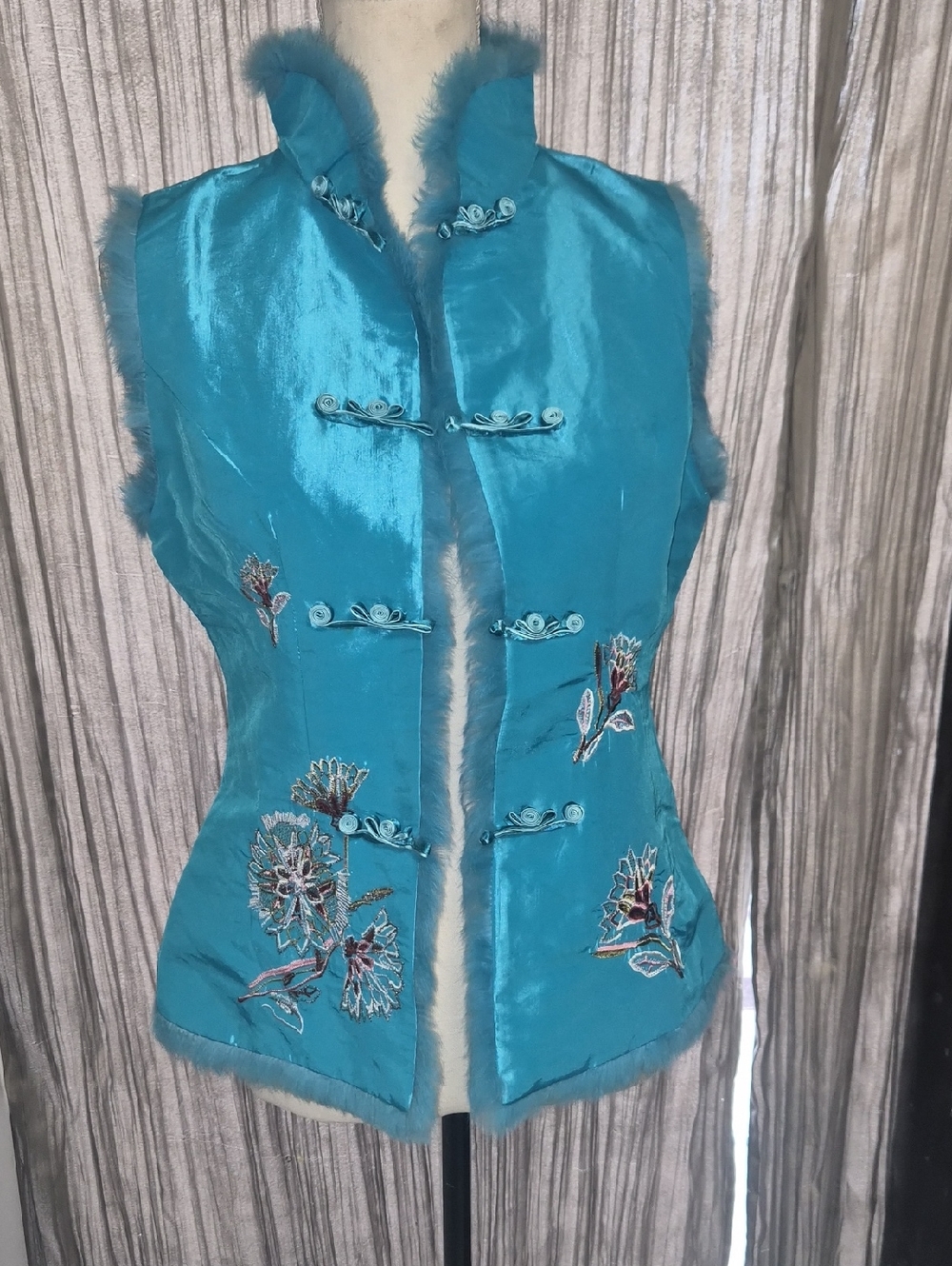 Turquoise Embroidered Satin Vest with Fur Trim Large But Fits More Like Med